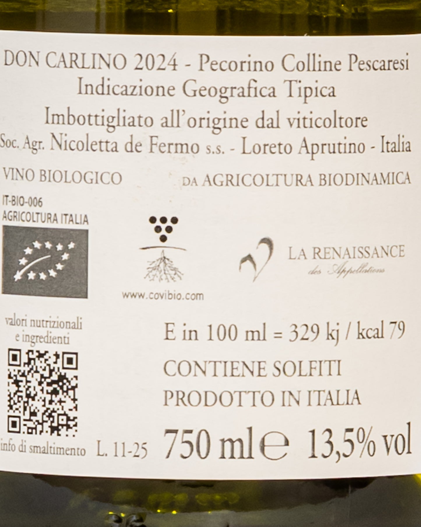 De Fermo Pecorino Colline Pescaresi 2024 Carlino Abruzzo Vino Bianco Italia Retro Etichetta