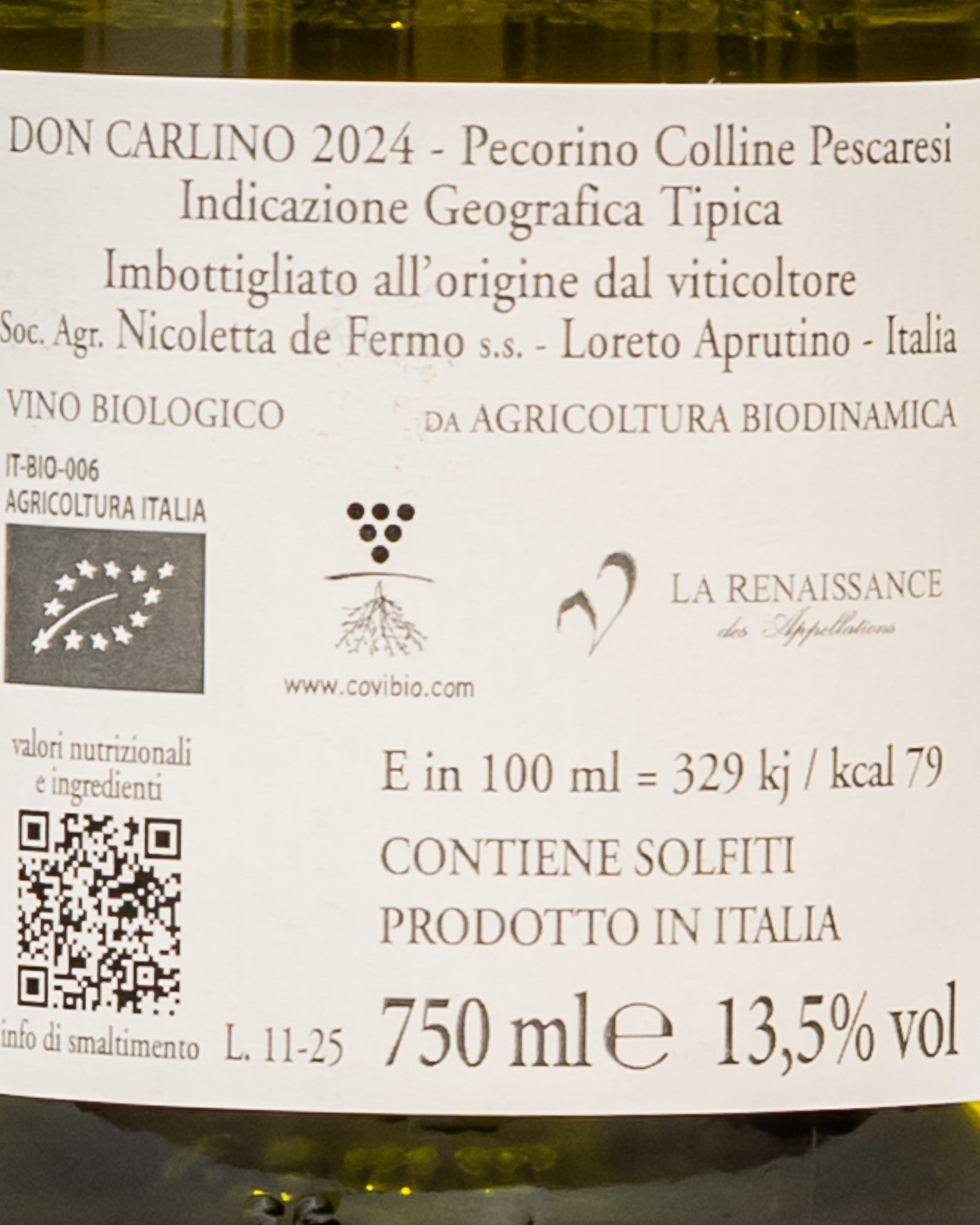 De Fermo Pecorino Colline Pescaresi 2024 Carlino Abruzzo Vino Bianco Italia Retro Etichetta