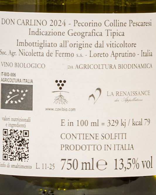 De Fermo Pecorino Colline Pescaresi 2024 Carlino Abruzzo Vino Bianco Italia Retro Etichetta