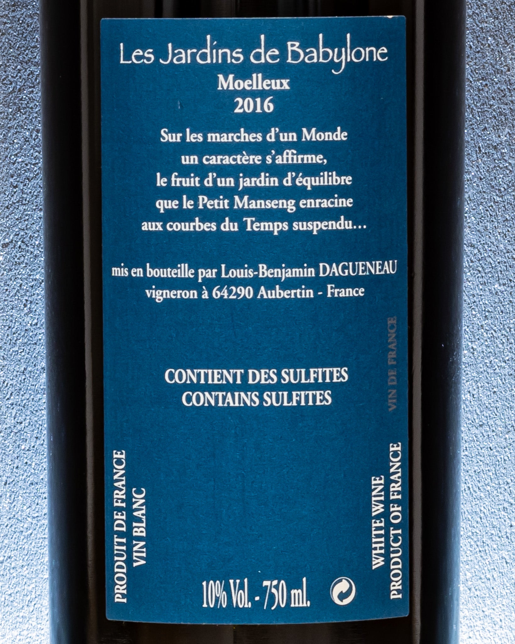 Didier Dagueneau Louis Benjamin Les Jardin Babylone 2016 Moelleux Petit Manseng Vino Bianco Dolce Fine Pasto Sud Ovest Jurancon Francia Retro Etichetta
