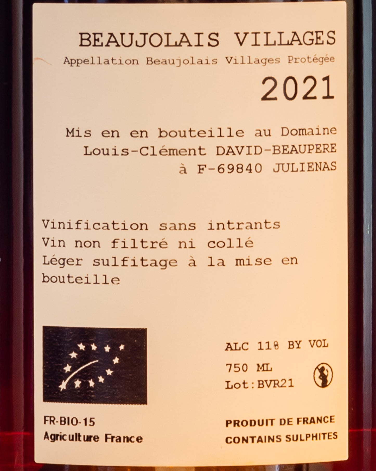 Domaine David Beaupere Beaujolais Village 2021 Gamay Vino Rosso Borgogna Francia Retro Etichetta