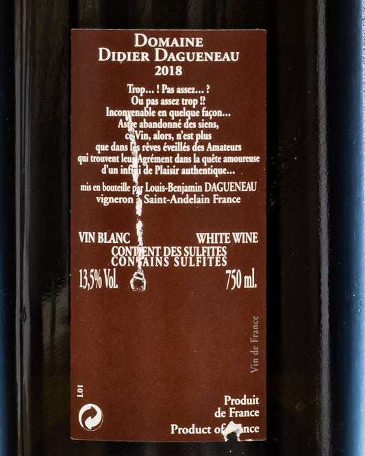 Domaine Didier Dagueneau Pur Sang 2018 Pouilly Fume Sauvignon Blanc Loira Vino Bianco Francia Retro Etichetta