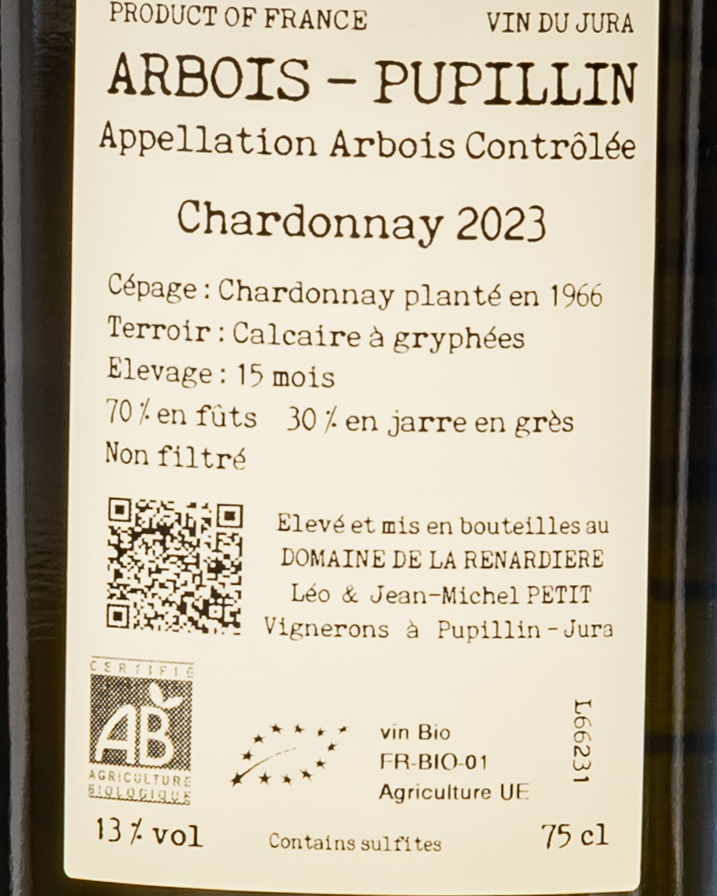 Domaine Renardiere Arbois Pupillin 1966 Chardonnay Jura Vino Bianco Francia 2023 Retro Etichetta