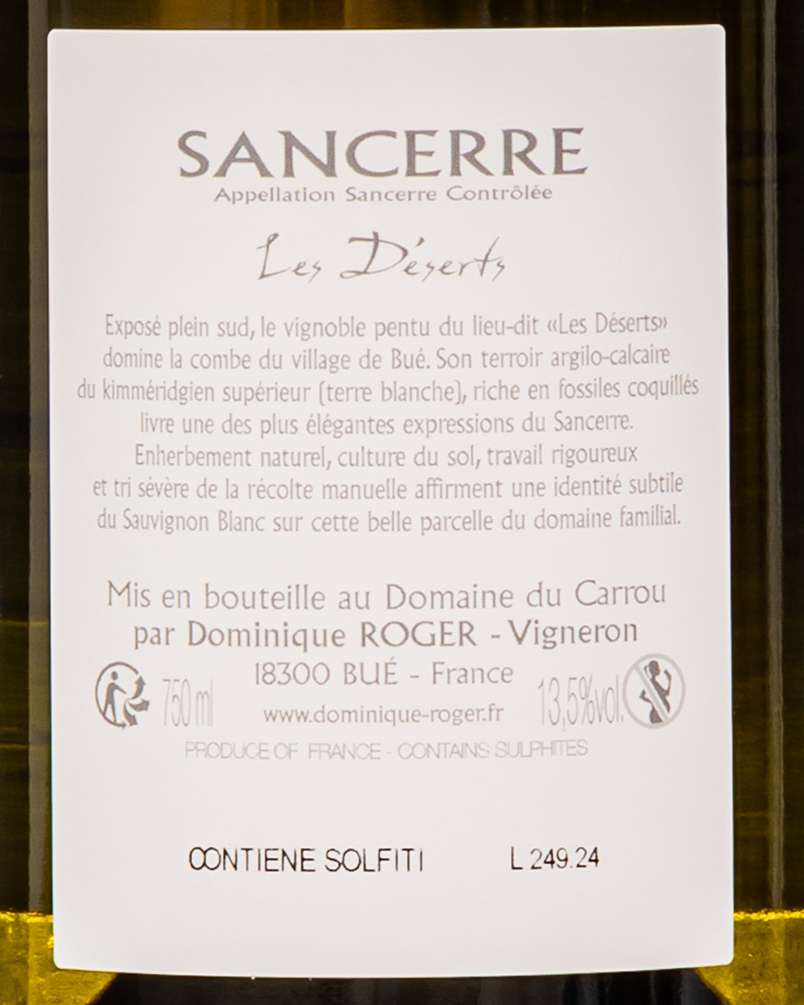 Domaine du Carrou Dominique Roger Sancerre 2023 Les Deserts Sauvignon Blanc Loira Vino Bianco Francia Retro Etichetta