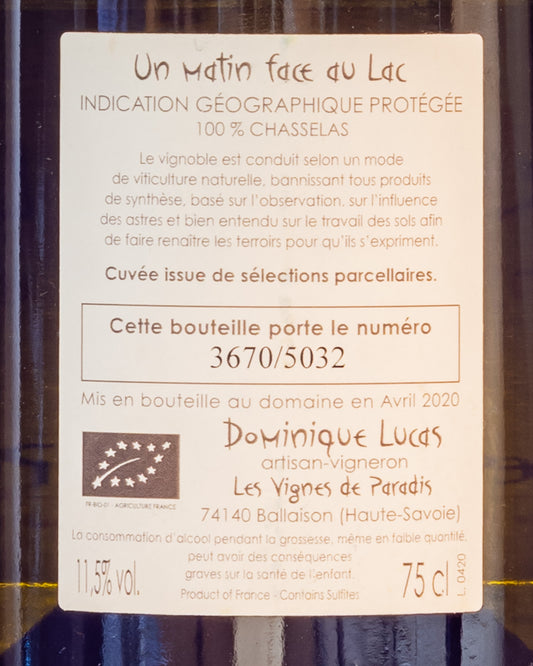 Dominique Lucas Vignes Paradis Chasselas Matin Face Lac Terroir Leman Vino Bianco Savoia Francia 2020 Retro Etichetta