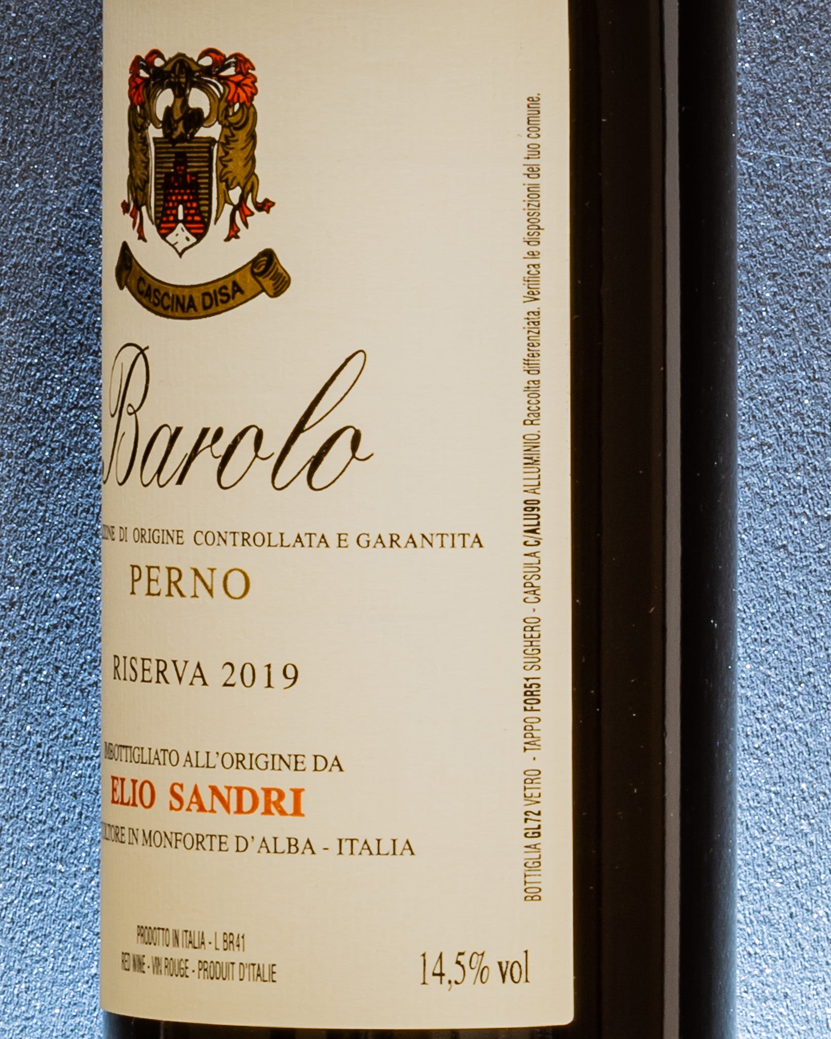 Elio Sandri Barolo Riserva Perno 2019 Nebbiolo Langhe Piemonte Vino Rosso Italia Retro Etichetta