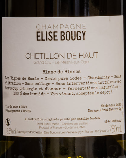 Elise Bougy Champagne Brut Nature Grand Cru 2021 Chetillon de Haut Mesnil Sur Oger Chardonnay Montagne Reims Francia Vino Retro Etichetta