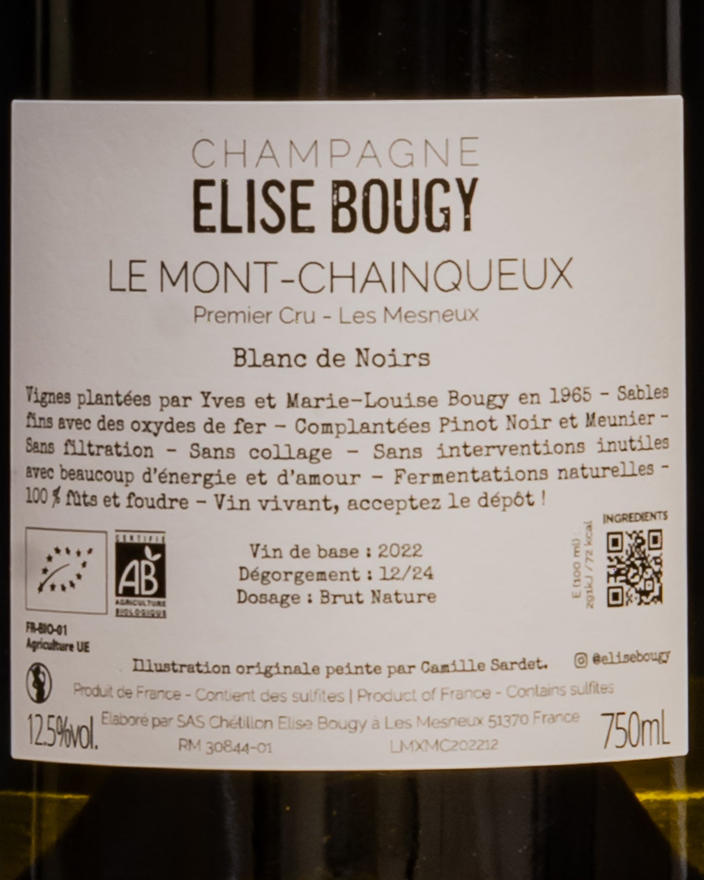 Elise Bougy Champagne Brut Nature Premier Cru Le Mont Chainqueux Les Mesneux Pinot Noir Nero Meunier Montagne Reims Vino Francia Retro Etichetta