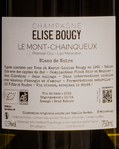 Elise Bougy Champagne Brut Nature Premier Cru Le Mont Chainqueux Les Mesneux Pinot Noir Nero Meunier Montagne Reims Vino Francia Retro Etichetta