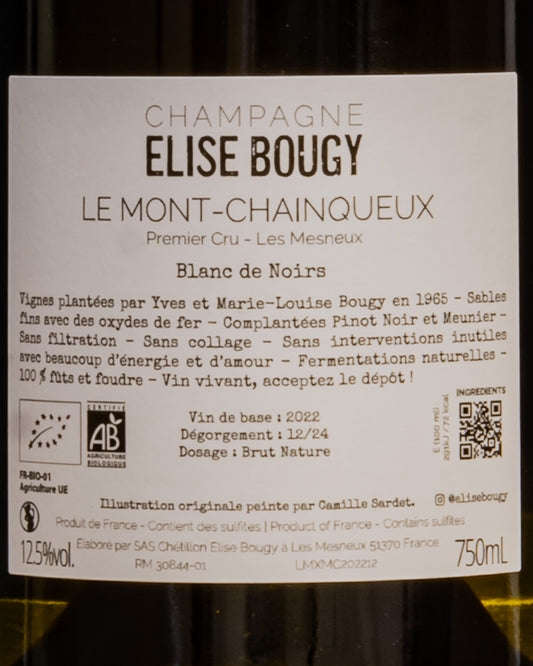 Elise Bougy Champagne Brut Nature Premier Cru Le Mont Chainqueux Les Mesneux Pinot Noir Nero Meunier Montagne Reims Vino Francia Retro Etichetta