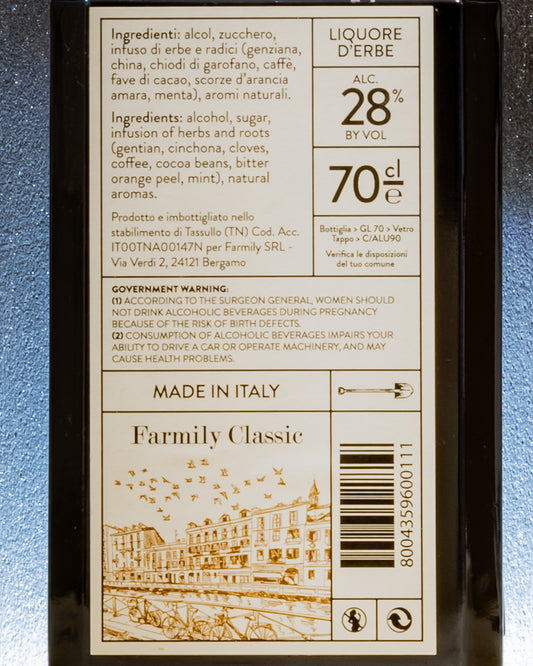 Farmily Amaro Ricetta Meneghina Liquore Lombardia Milano Italia Retro Etichetta