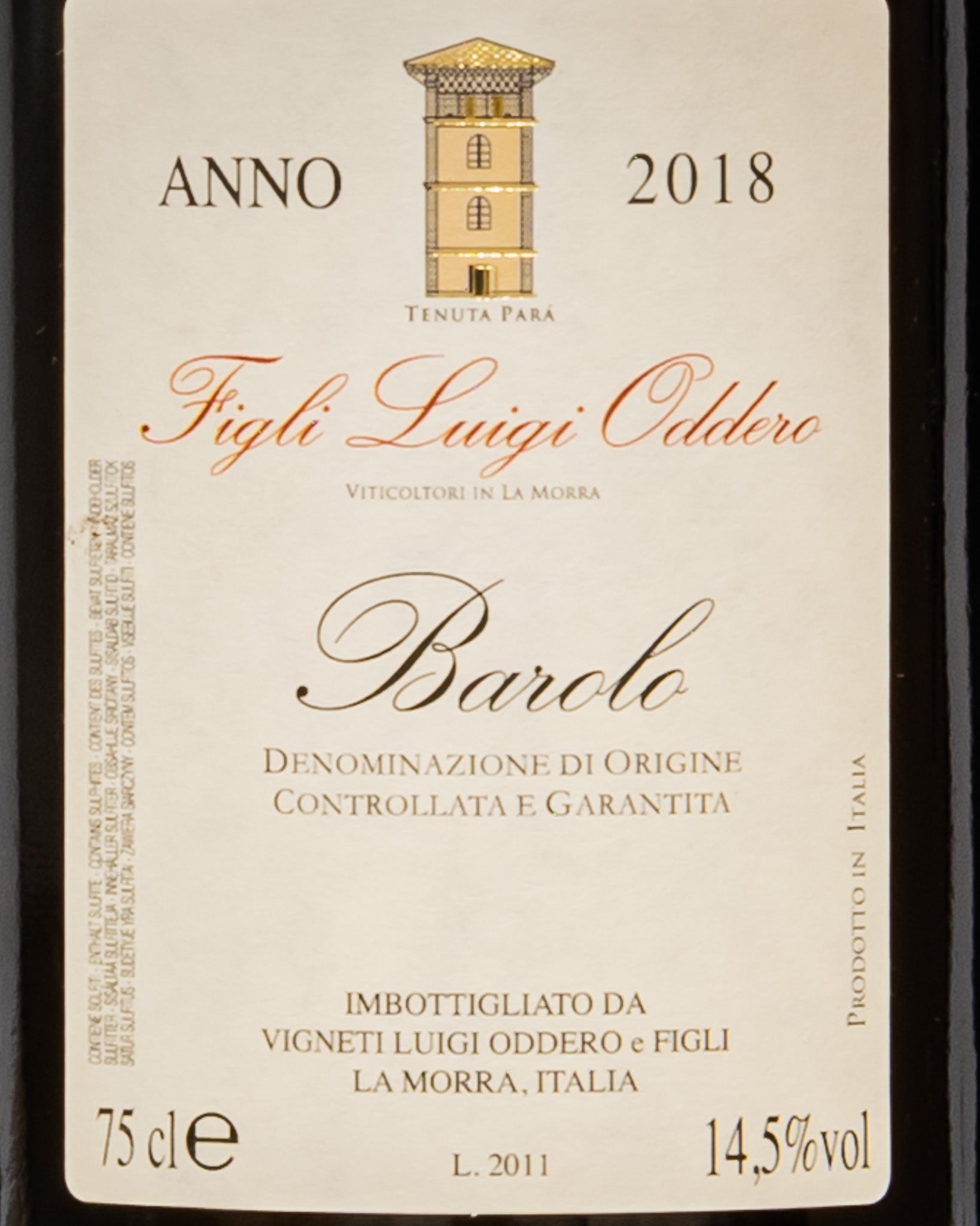 Figli Luigi Oddero Barolo 2018 Nebbiolo Langhe Piemonte Vino Rosso Italia Retro Etichetta