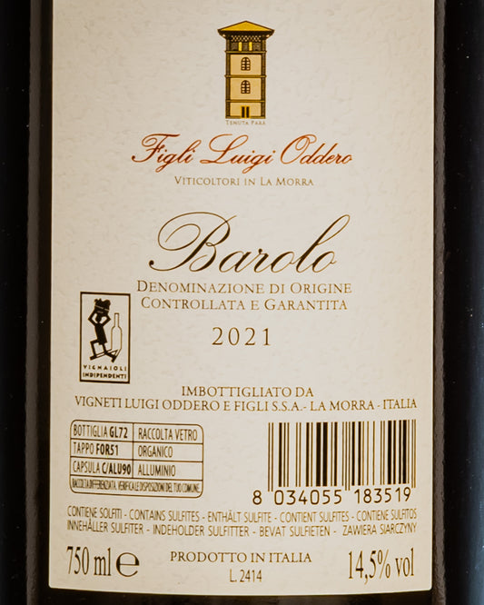 Figli Luigi Oddero Barolo 2021 Nebbiolo Langhe Piemonte Vino Rosso Italia Retro Etichetta