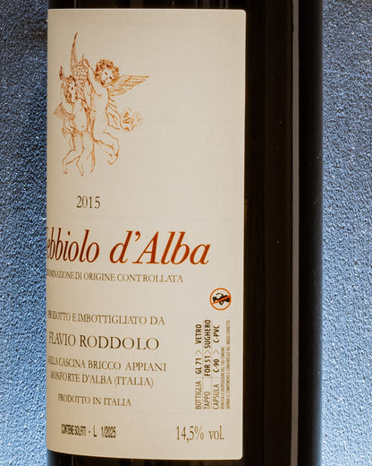Flavio Roddolo Nebbiolo d'Alba 2015 Langhe Vino Rosso Piemonte Italia Retro Etichetta