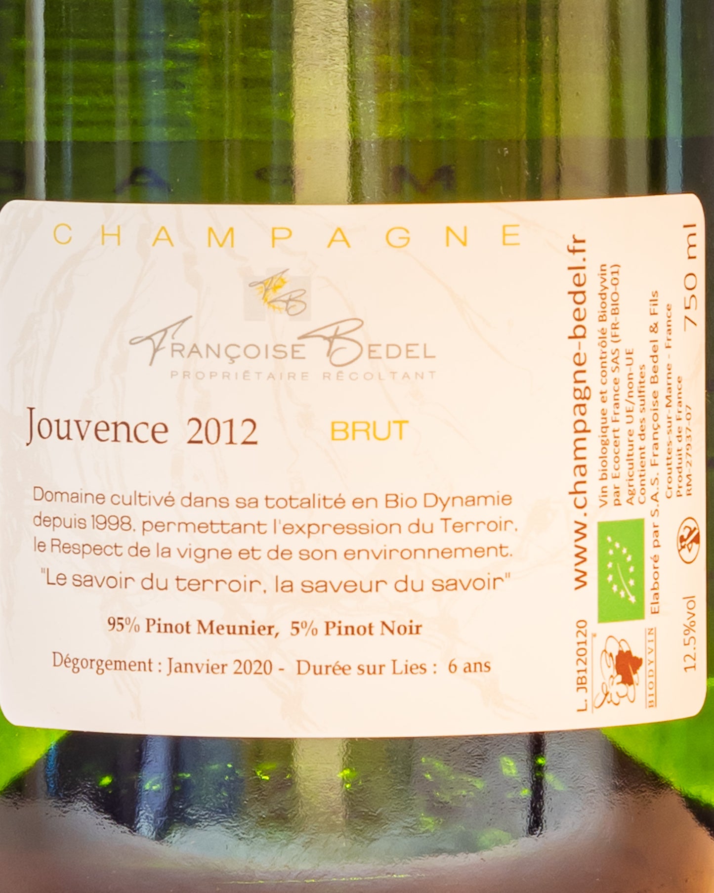Francoise Bedel Jouvence 2012 Champagne Brut Meunier Pinot Noir Nero Valle Marne Vino Francia Retro Etichetta
