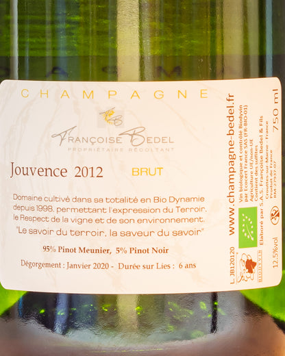 Francoise Bedel Jouvence 2012 Champagne Brut Meunier Pinot Noir Nero Valle Marne Vino Francia Retro Etichetta