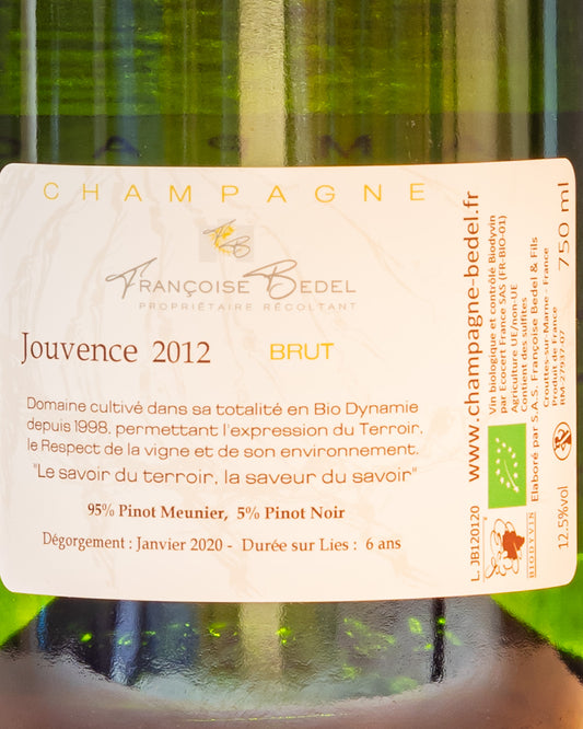 Francoise Bedel Jouvence 2012 Champagne Brut Meunier Pinot Noir Nero Valle Marne Vino Francia Retro Etichetta