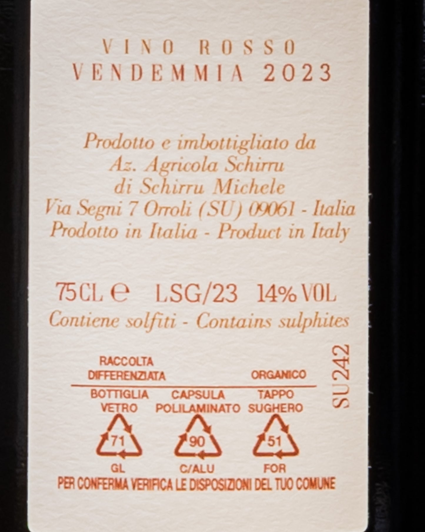 Fratelli Schirru Orroli Sogno Numero 2 Cannonau 2023 Sarcidano Sardegna Vino Rosso Italia Retro Etichetta