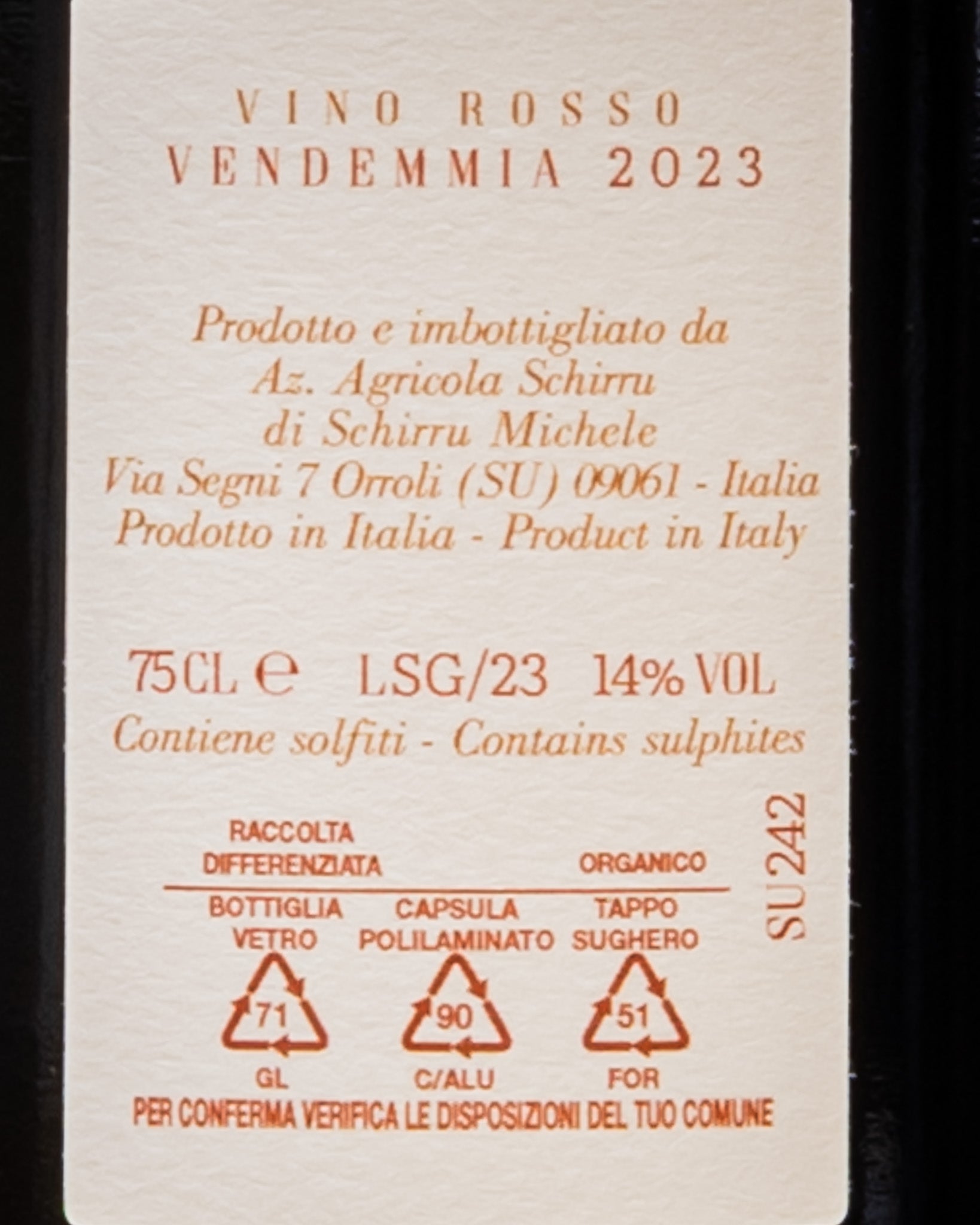 Fratelli Schirru Orroli Sogno Numero 2 Cannonau 2023 Sarcidano Sardegna Vino Rosso Italia Retro Etichetta