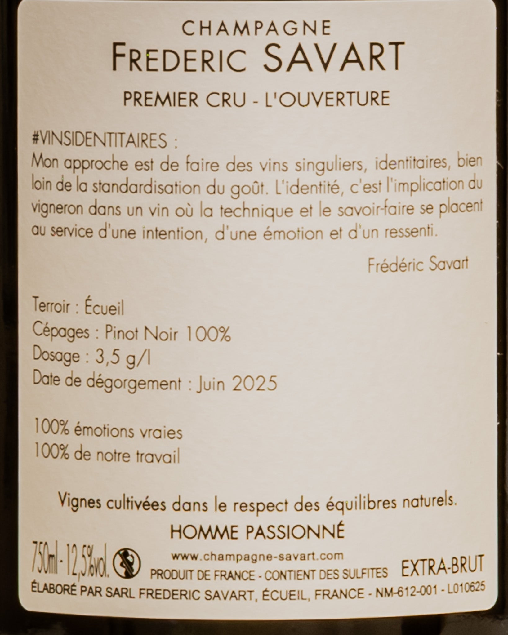 Frederic Savart Champagne Extra Brut Premier 1er Cru Ouverture Pinot Noir Nero Montagne Reims Vino Francia Retro Etichetta