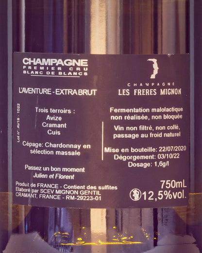 Freres Mignon Aventure Champagne Extra Brut Chardonnay Cramant Cotes Blanc Vino Francia Retro Etichetta