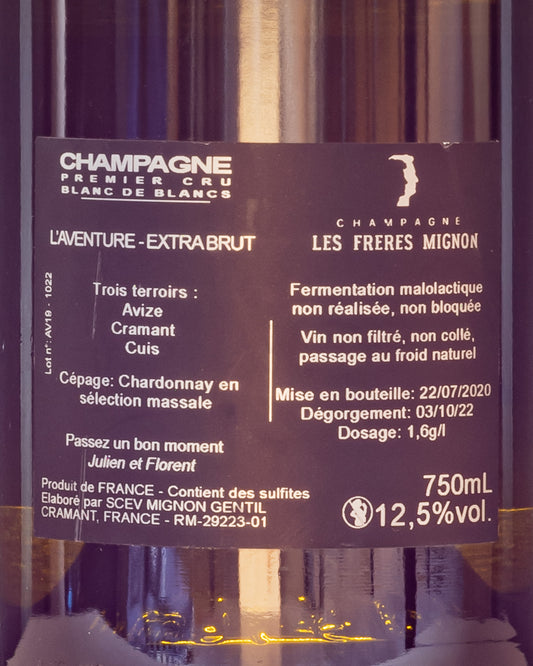 Freres Mignon Aventure Champagne Extra Brut Chardonnay Cramant Cotes Blanc Vino Francia Retro Etichetta