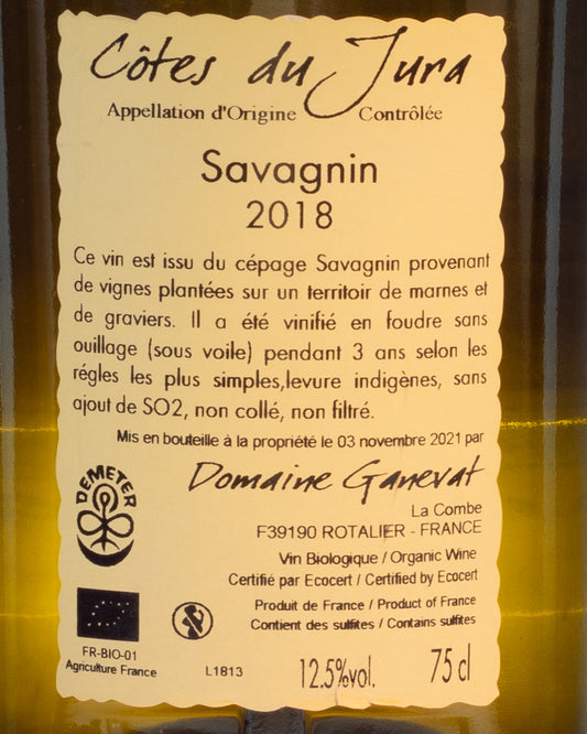 Ganevat Savagnin 2018 Grand Teppes Jura Vino Bianca Francia Retro Etichetta