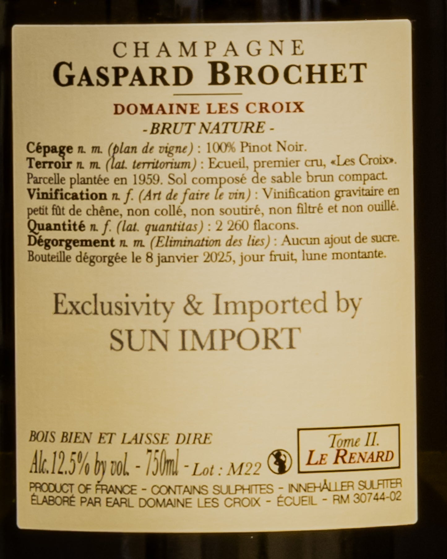 Gaspard Brochet Domaine Les Croix Champagne Brut Nature Renard Tome 2 Pinot Noir Nero Montagne Reims Vino Francia Retro Etichetta