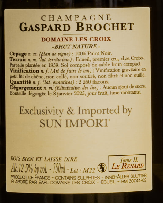 Gaspard Brochet Domaine Les Croix Champagne Brut Nature Renard Tome 2 Pinot Noir Nero Montagne Reims Vino Francia Retro Etichetta