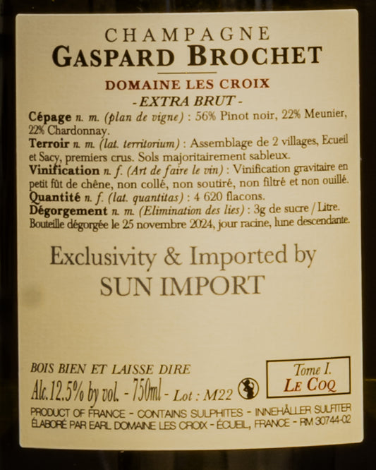 Gaspard Brochet Domaine Les Croix Champagne Extra Brut Coq Tome 1 Pinot Noir Nero Meunier Chardonnay Montagne Reims Vino Francia Retro Etichetta