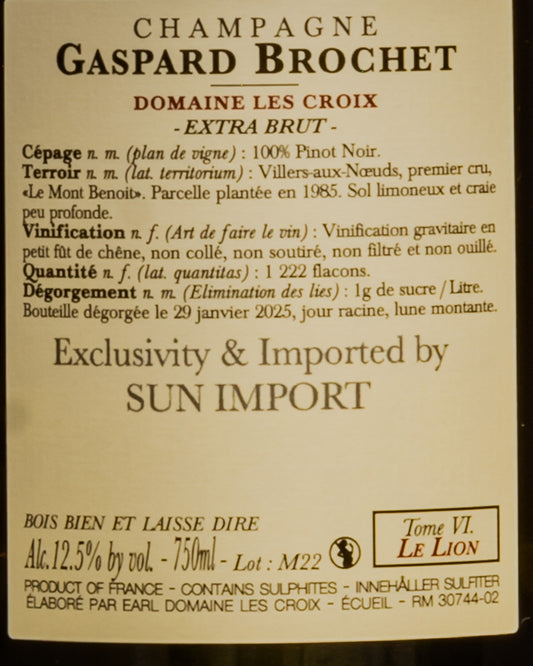 Gaspard Brochet Domaine Les Croix Champagne Extra Brut Lion Tome 6 Pinot Noir Nero Montagne Reims Vino Francia Retro Etichetta