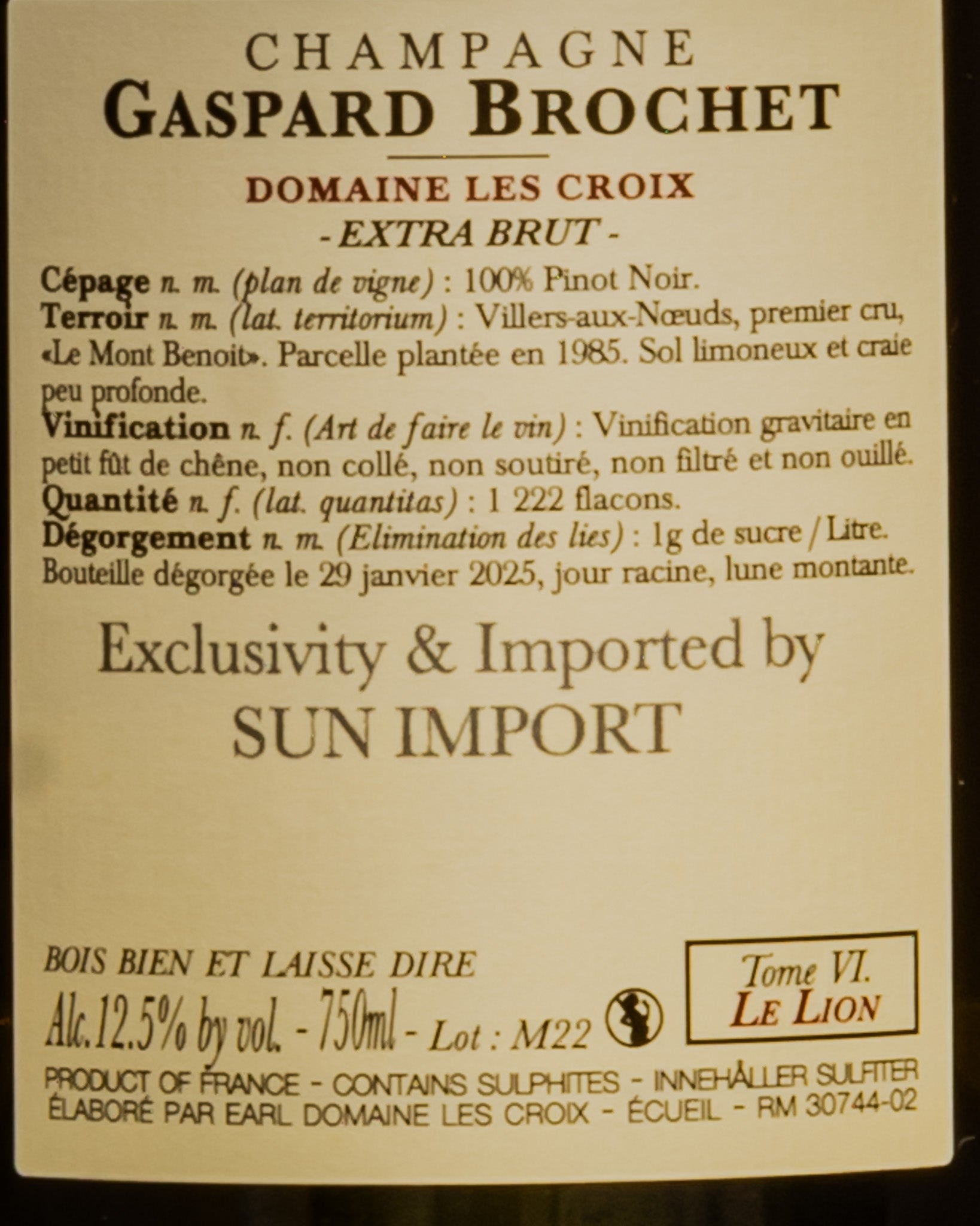 Gaspard Brochet Domaine Les Croix Champagne Extra Brut Lion Tome 6 Pinot Noir Nero Montagne Reims Vino Francia Retro Etichetta