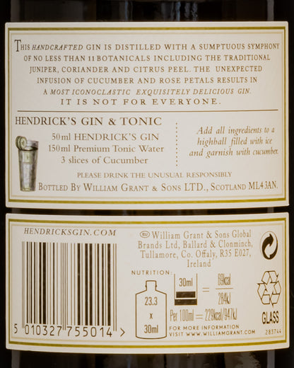 Gin Hendricks London Dry Distillato Regno Unito Scozia Retro Etichetta