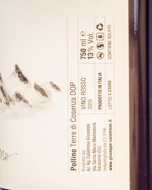 Giuseppe Calabrese Pollino 2019 Terre di Cosenza Magliocco Vino Rosso Calabria Italia Retro Etichetta
