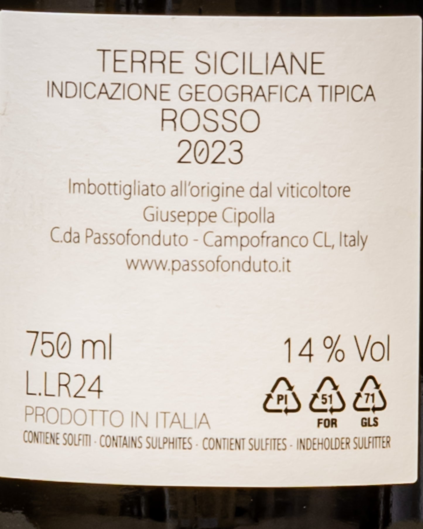 Giuseppe Cipolla Passofonduto Le Robbe Nero Avola Catarratto Vino Rosso Sicilia Italia 2023 Retro Etichetta