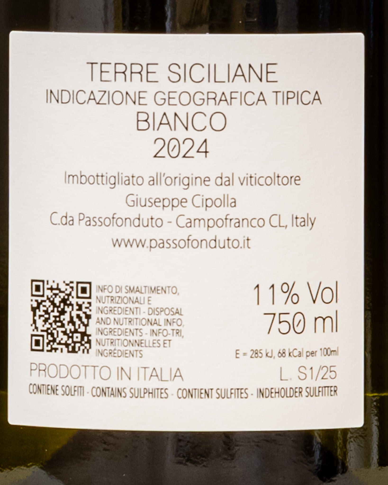 Giuseppe Cipolla Passofonduto Terre Siciliane Bianco Solfare Catarratto Grillo 2024 Vino Sicilia Italia Retro Etichetta
