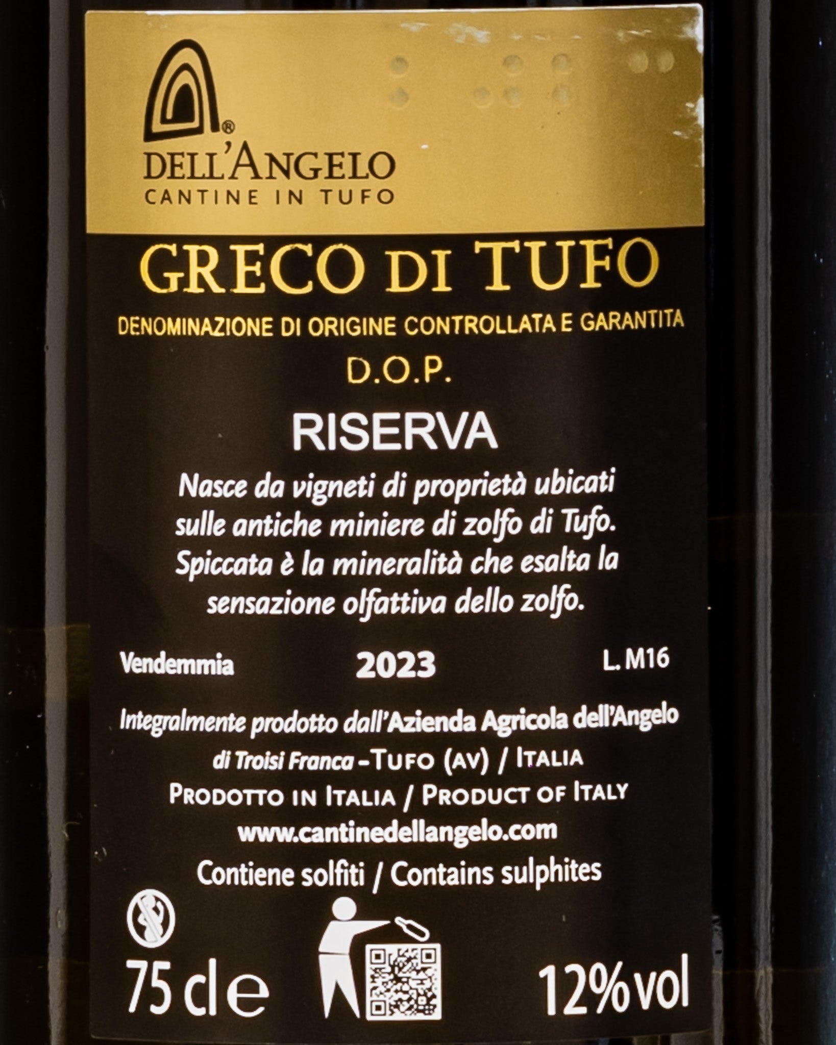 Greco Tufo 2023 Riserva Miniere Cantine Angelo Irpinia Vino Bianco Italia Retro Etichetta