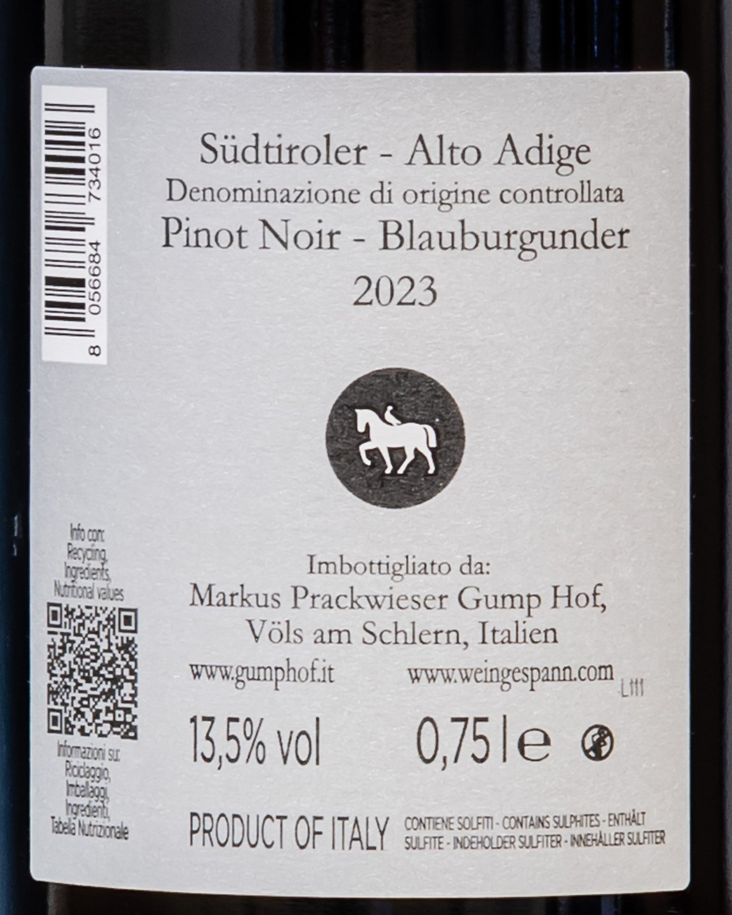 Gump Hof Pinot Noir 2023 Praesulis Alto Adige Pinot Nero Vino Rosso Italia Retro Etichetta