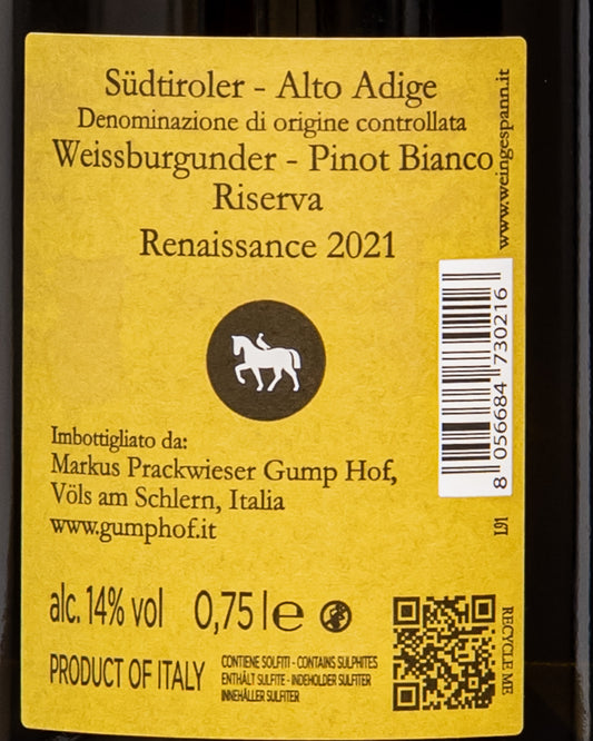 Gump Hof  Weissburgunder Riserva 2021 Renaissance Pinot Bianco Alto Adige Vino Bianco Italia Retro Etichetta