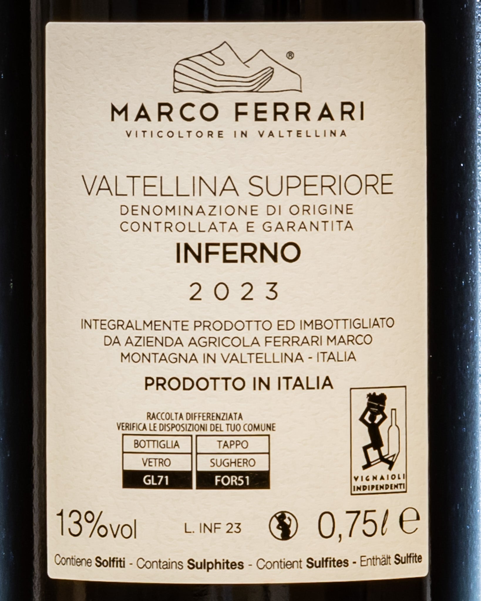 Inferno Marco Ferrari Nebbiolo Chiavennasca Valtellina Superiore 2023 Italia Lombardia Vino Rosso Retro Etichetta