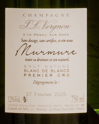 Jean Louis Vergnon Champagne Brut Nature Premier Cru 1er Murmure Chardonnay Blanc Blancs Mesnil Oger Vino Francia Retro Etichetta