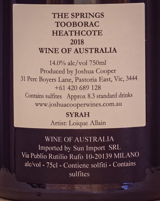 Joshua Cooper Syrah Springs Tooborac Heathcote 2018 Macedon Ranges Vino rosso australia retro etichetta