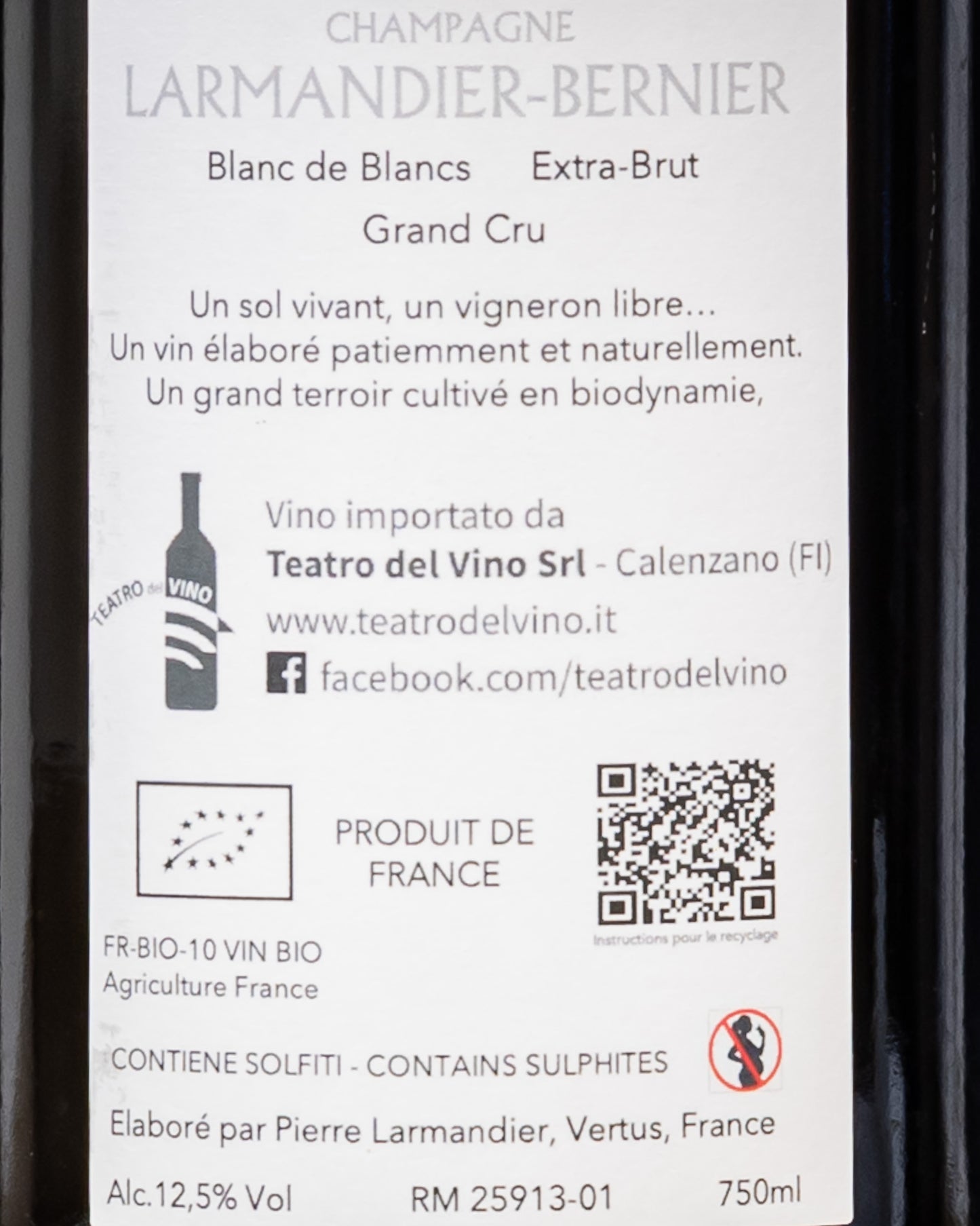 Larmandier Bernier Champagne Blanc De Blancs Les Chemins D'Avize 2016 Chardonnay Grand Cru Francia Retro Etichetta