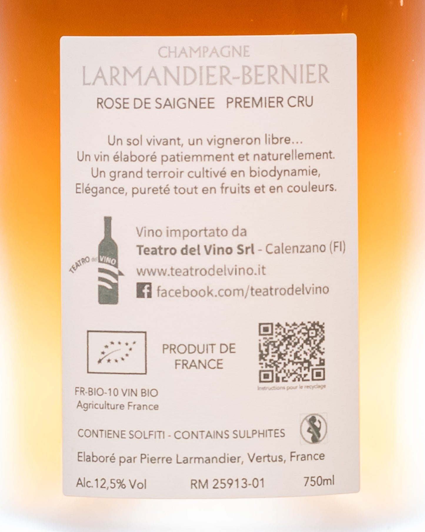 Larmandier Bernier Champagne Premier Cru Extra Brut  Rosé De Saignée Pinot Noir Francia Retro Etichetta