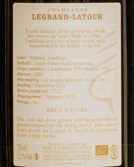 Legrand Latour Champagne Brut Nature Eocene Chardonnay Meunier 2020 Valle Marne Vino Francia Retro Etichetta