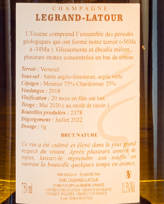Legrand Latour Champagne Eocene Brut Nature 2018  Meunier Chardonnay Vino Francia Retro Etichetta