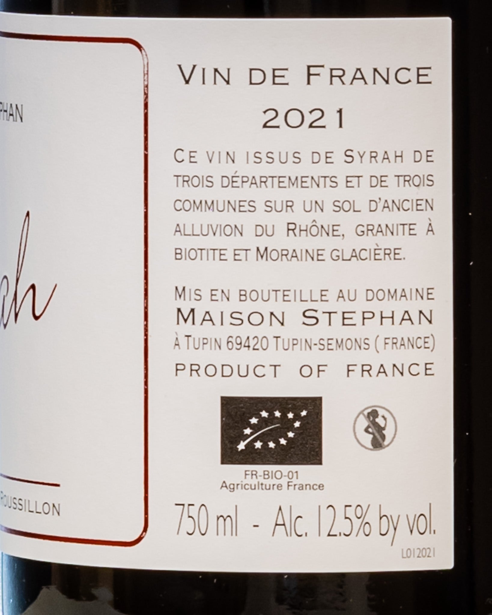 Maison Stephan Syrah Rodano Cote Rotie Francia Vino Rosso 2021 Retro Etichetta