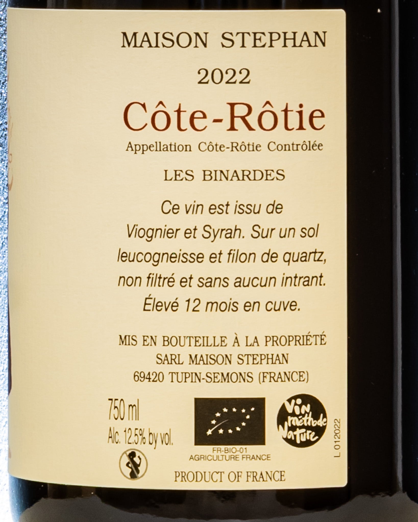 Maison Stephan Syrah Viognier Rodano Cote Rotie Francia Vino Rosso 2022 Les Binardes Retro Etichetta