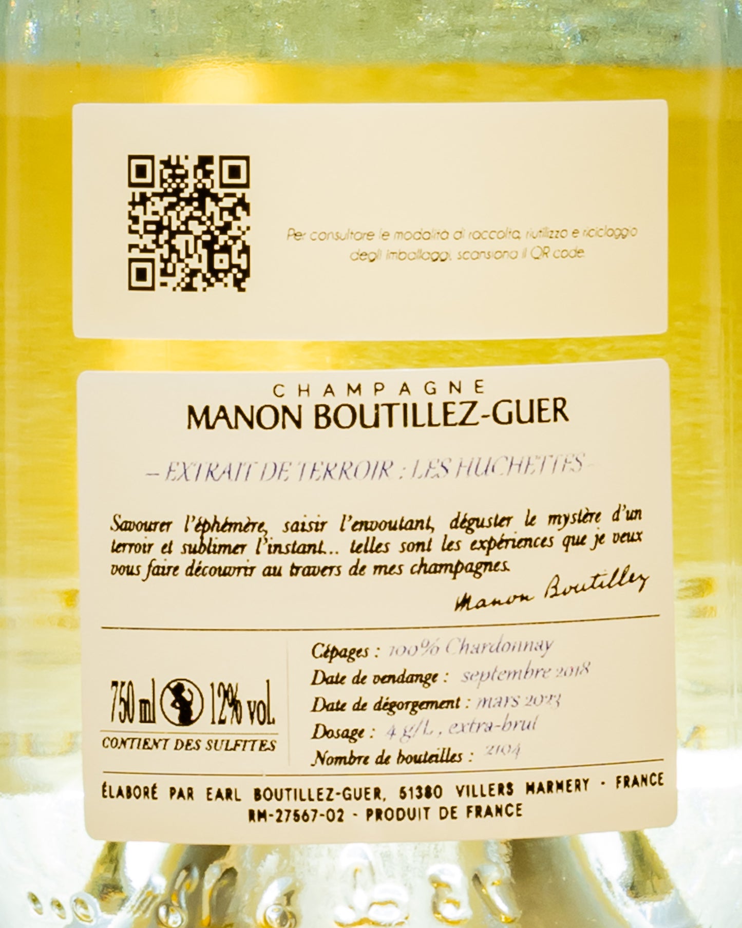 Manon Boutillez-Guer Champagne Extra Brut Les Huchettes Chardonnay Francia Retro Etichetta