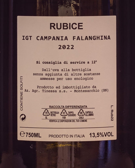 Marco Tinessa Bianco Campania Italia Vino Irpinia Falanghina 2022 Rubice retro etichetta